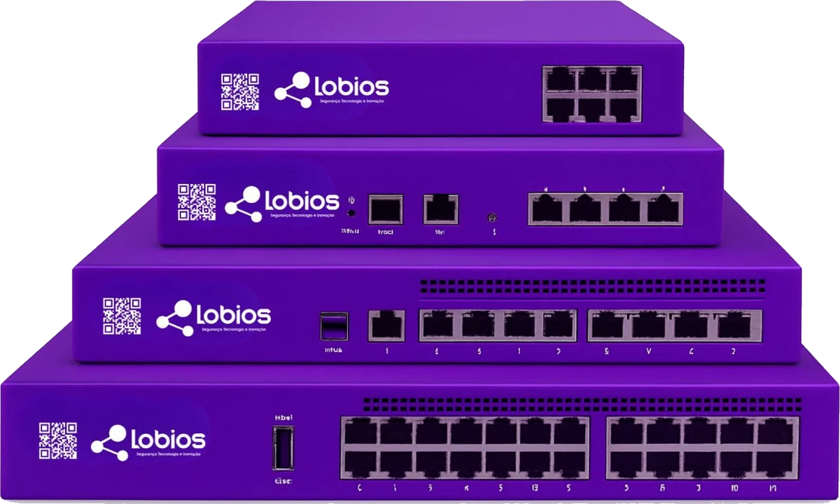 Os quatro equipamentos da linha Lobios Edge Protect, empilhados do menor para o maior, com o número de portas de rede crescendo a cada modelo